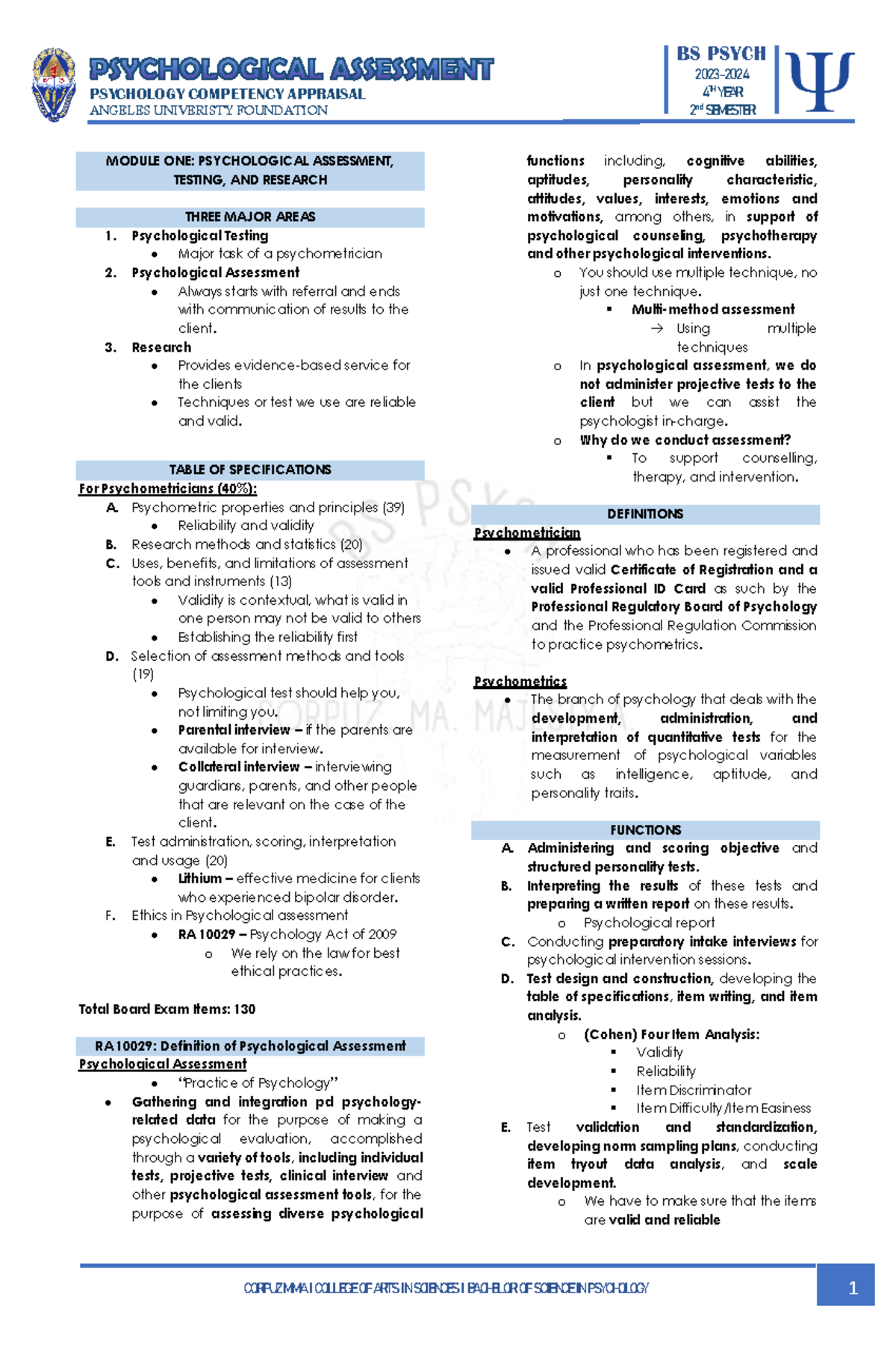 Psychological Assessment, Testing, and Ressearch Lecture One - 2023 ...