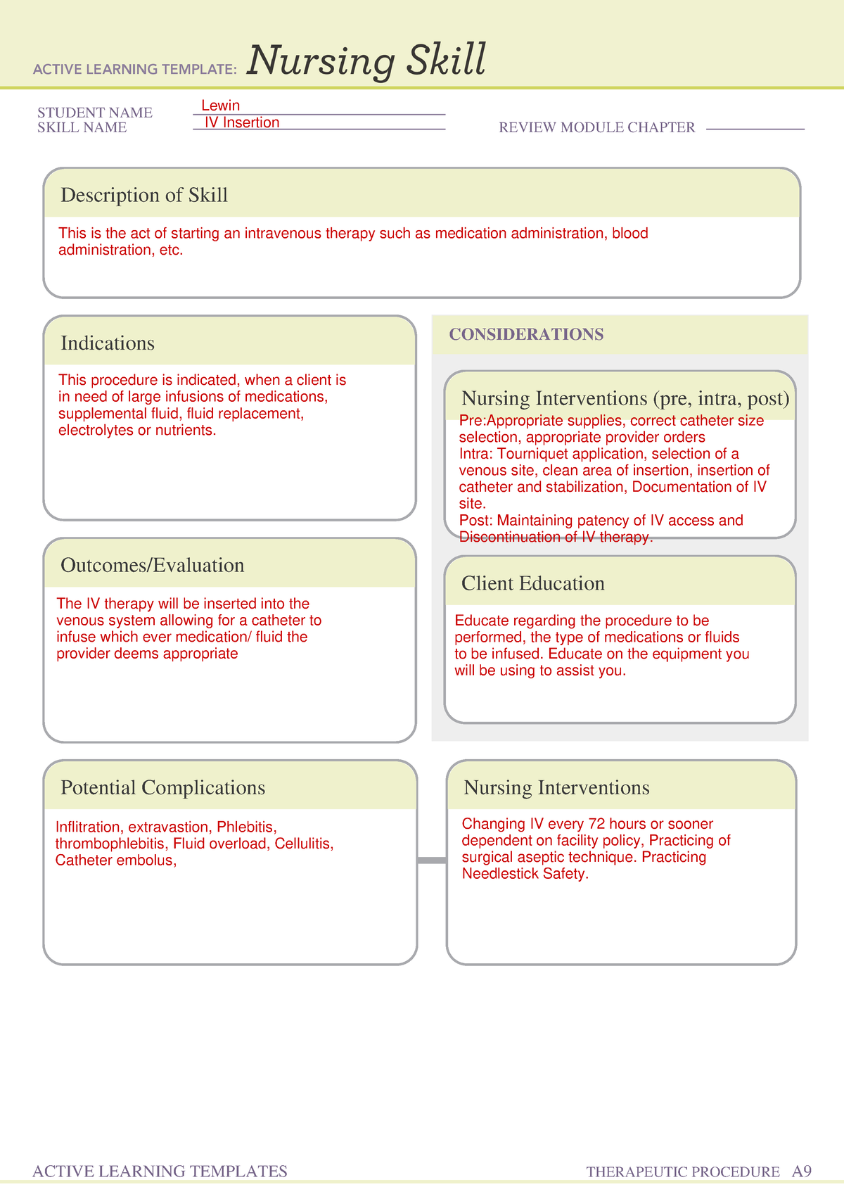 Remediation 6 Nursing Skill Iv Insertion - Nur 165 - Student Name Skill 