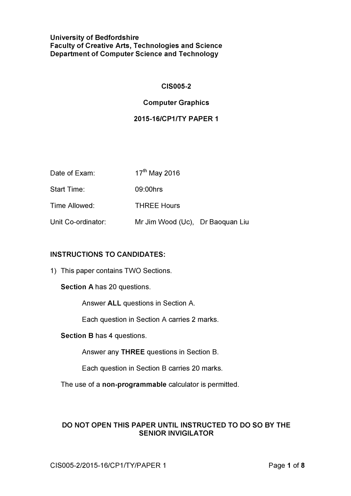 Computer Graphics Exam Paper University of Bedfordshire Faculty of