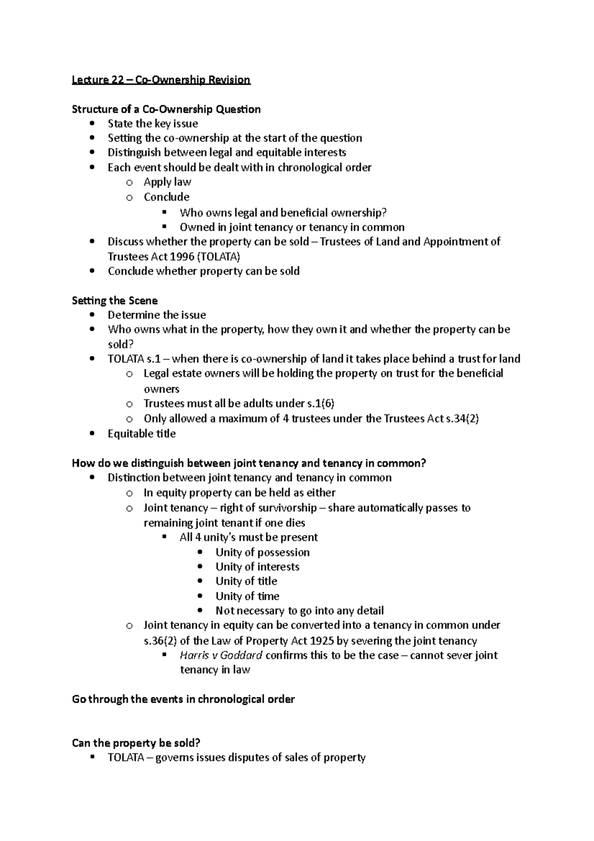 Lecture 22 - Lecture 22 – Co-Ownership Revision Structure of a Co ...