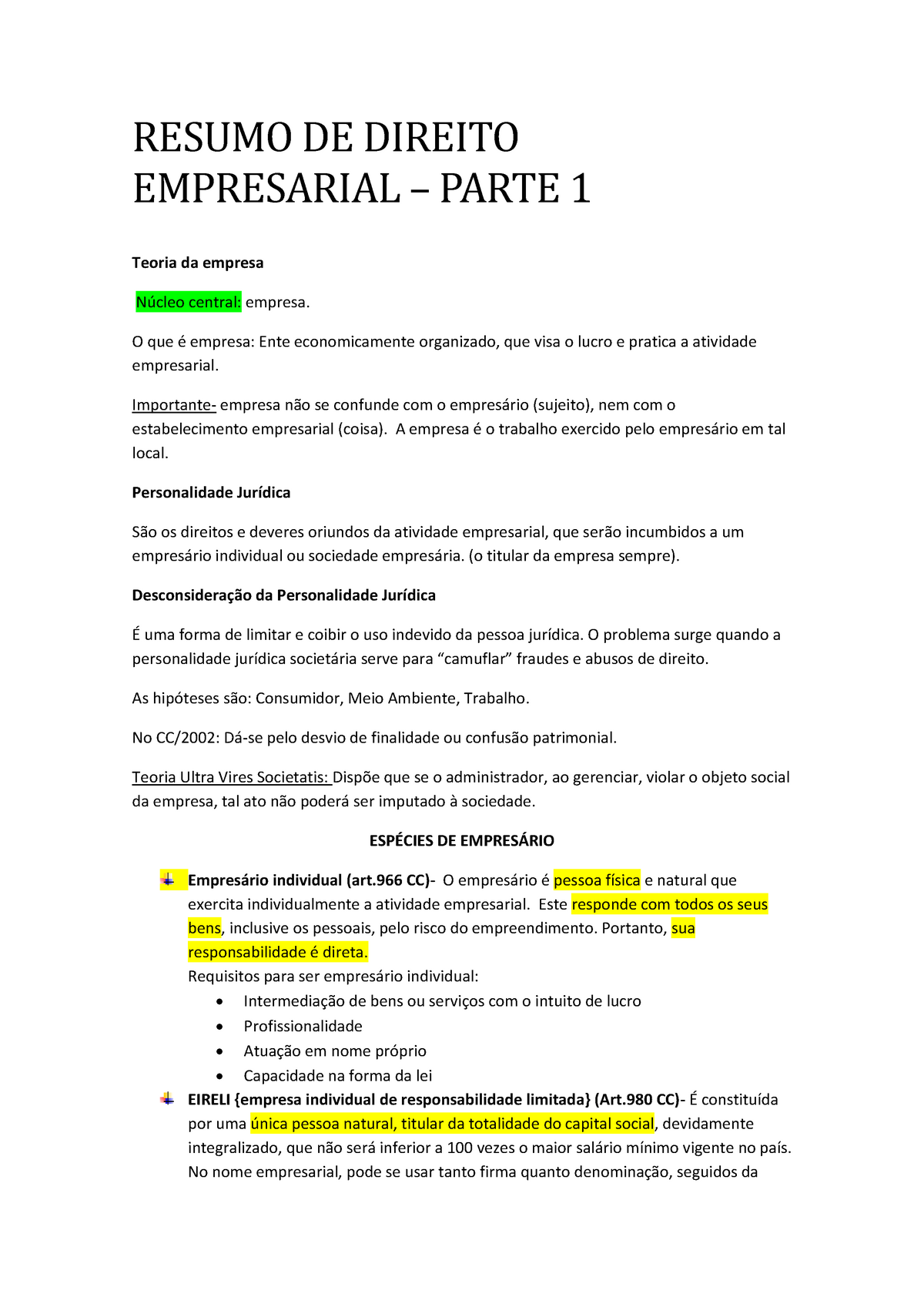 Resumo Empresarial Parte 1 Resumo De Direito Empresarial Parte 1 Teoria Da Empresa Central 6077