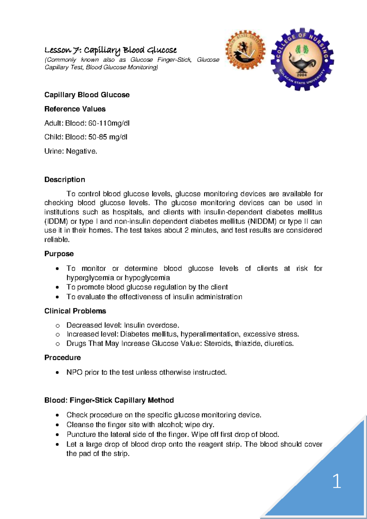 CBG Monitoring - LECTURE NOTES YOU CAN READ - Lesson 7 : Capillary ...