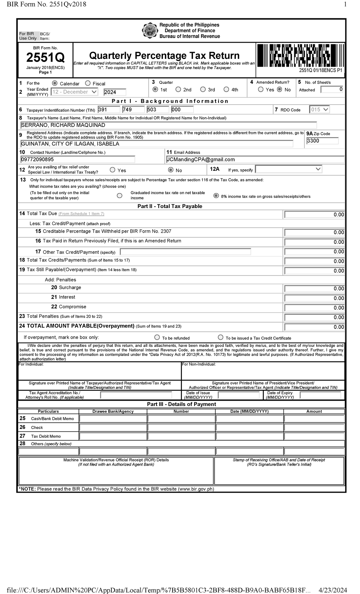 PT-Q1 2551Q-032024 - PETA QUARTER 1 - BIR Form No. 2551Q January 2018 ...