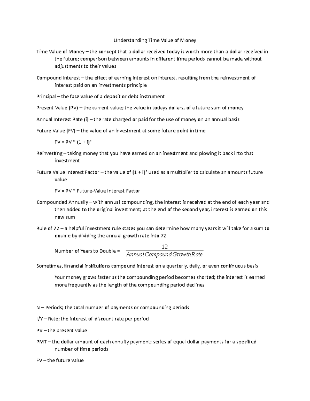 Chapter 3 Notes Understanding Time Value of Money Time Value of Money
