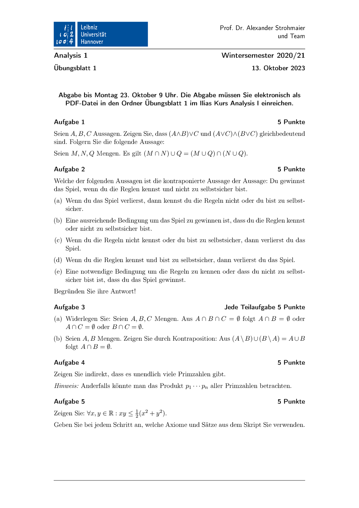 Ub01 - Ana 1 - Prof. Dr. Alexander Strohmaier Und Team Analysis 1 ...