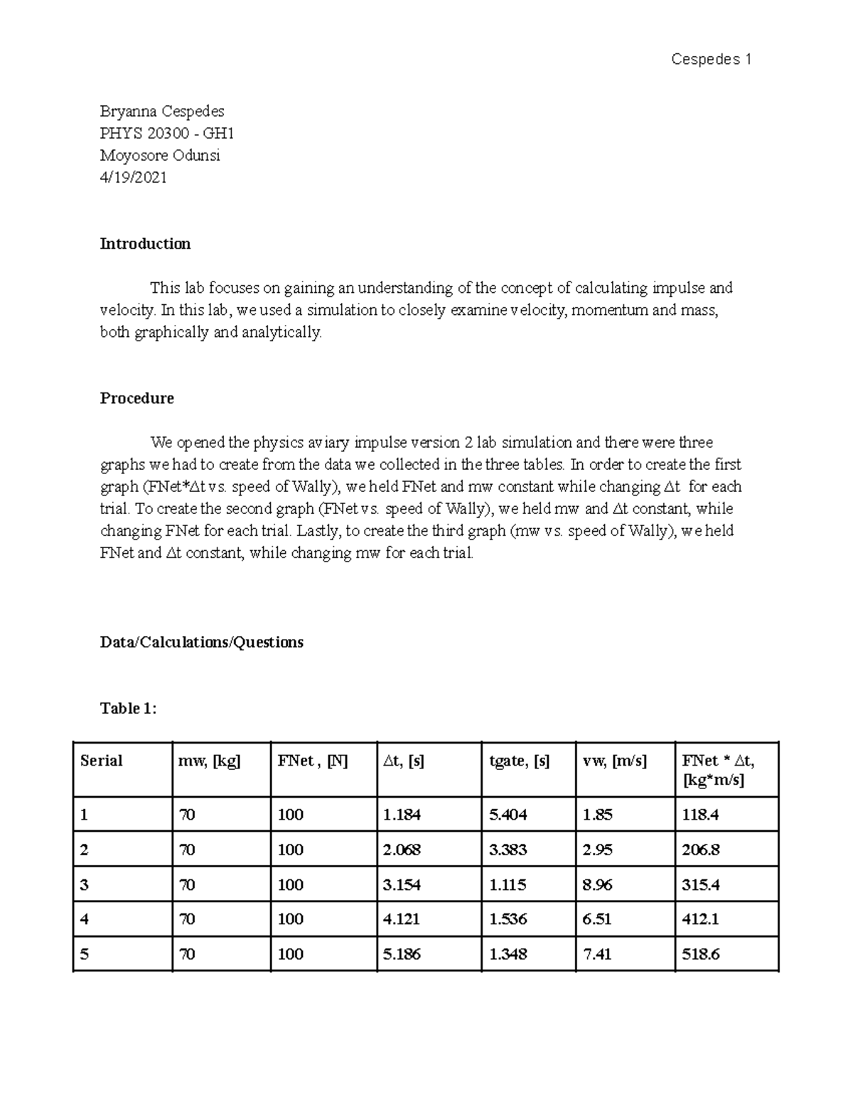 Phys Lab 5 - phys lab 5 - Bryanna Cespedes PHYS 20300 - GH Moyosore ...
