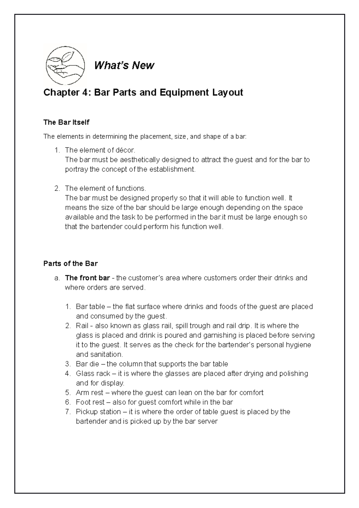 HMPE 4 Module 4 Bar Parts and Equipment Lay out What’s New Chapter 4