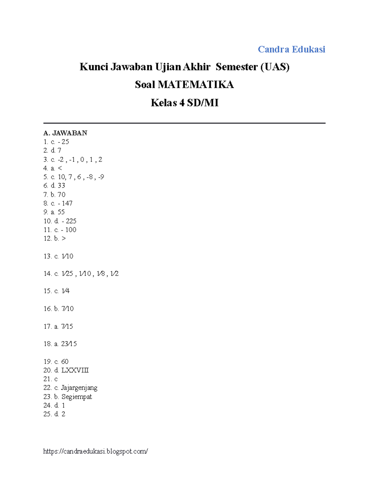 Kunci Jawaban Soal uas Matematika Kelas 4 Semester 2 - Candra Edukasi ...
