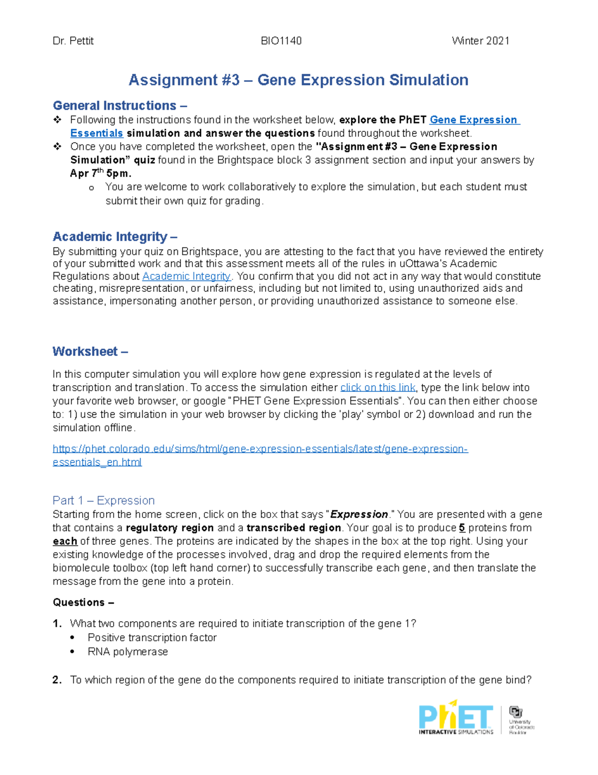 Assignment #3 - Gene Expression Simulation BIO1140 W2021 - Assignment #3 – Gene  Expression - Studocu