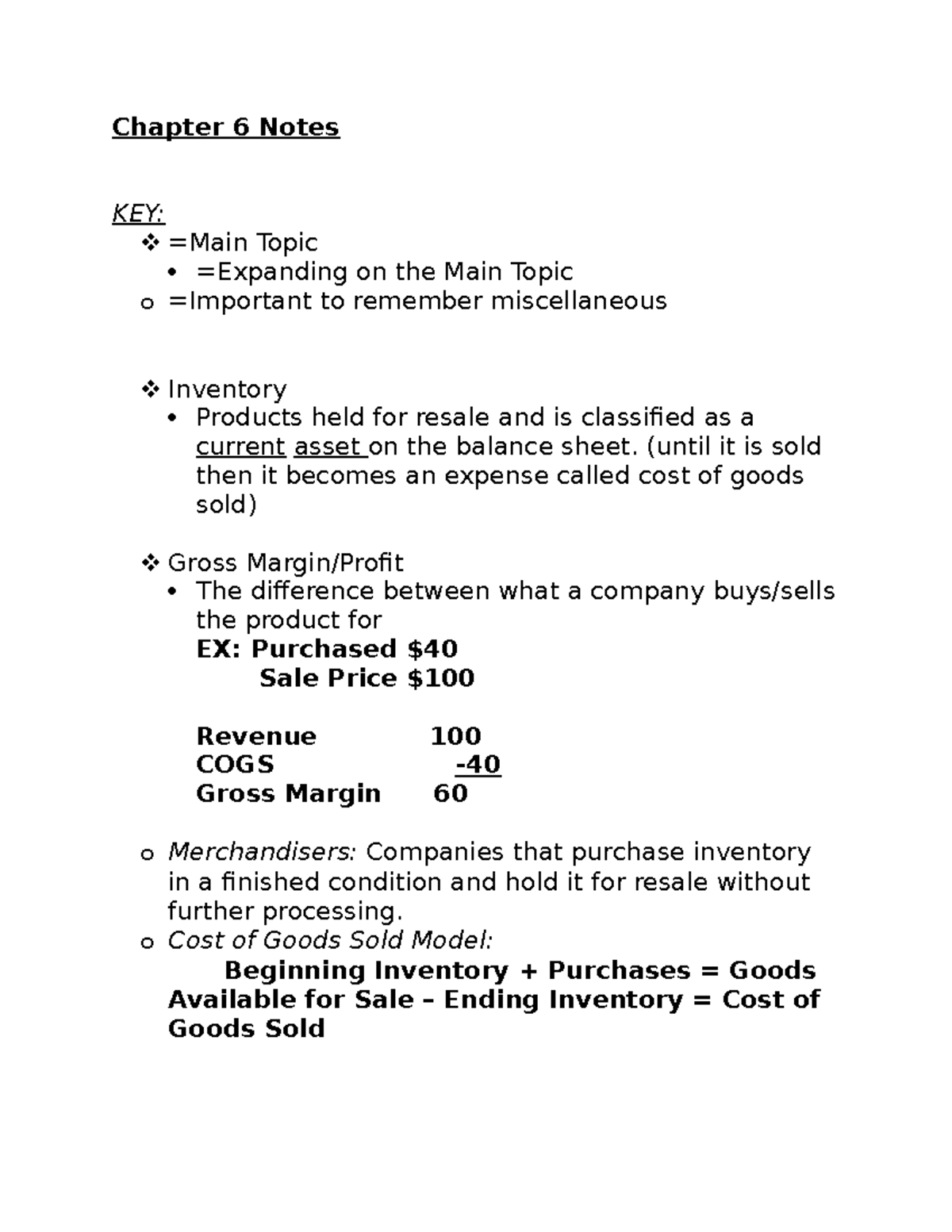 Chapter 6 Notes - Chapter 6 Notes KEY: Topic on the Main Topic o to ...