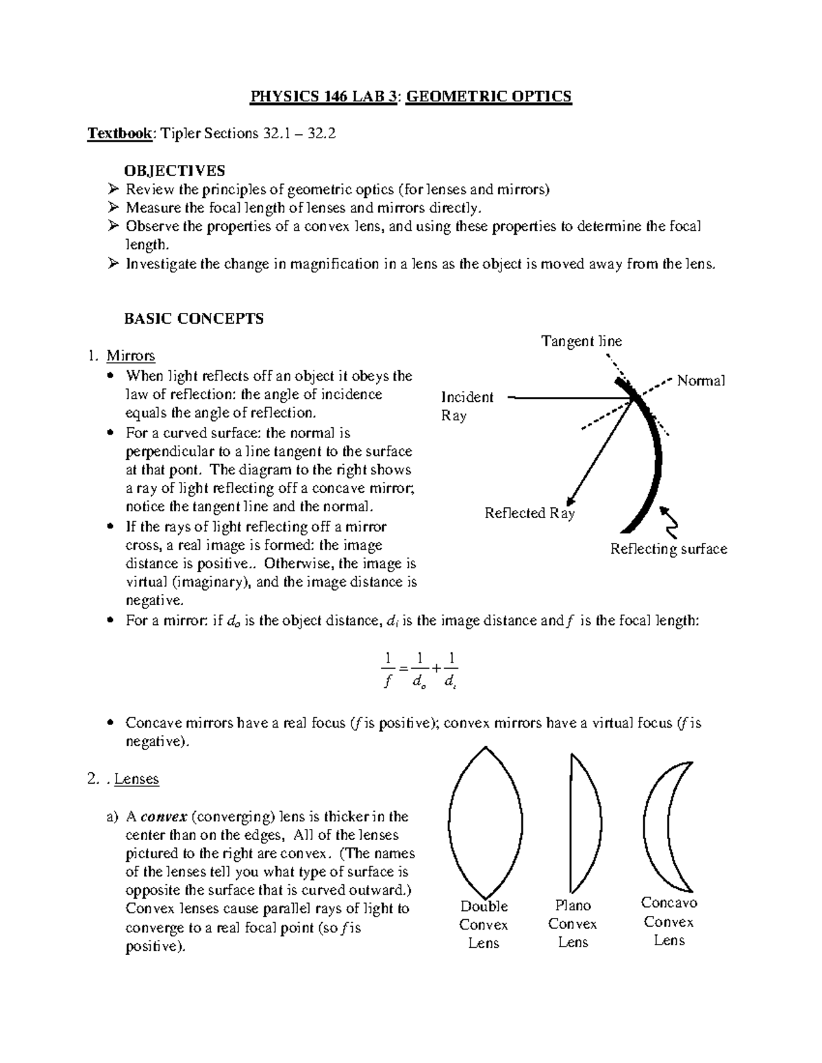 Lab 3 Geometric Optics PHYSICS 146 LAB 3 GEOMETRIC OPTICS
