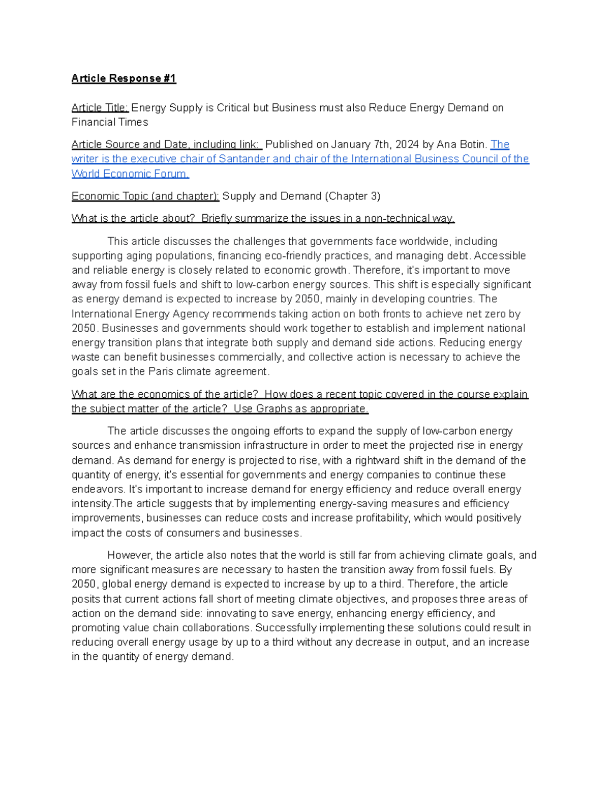 ECON 201 Article Response #1 - Article Response # Article Title: Energy ...