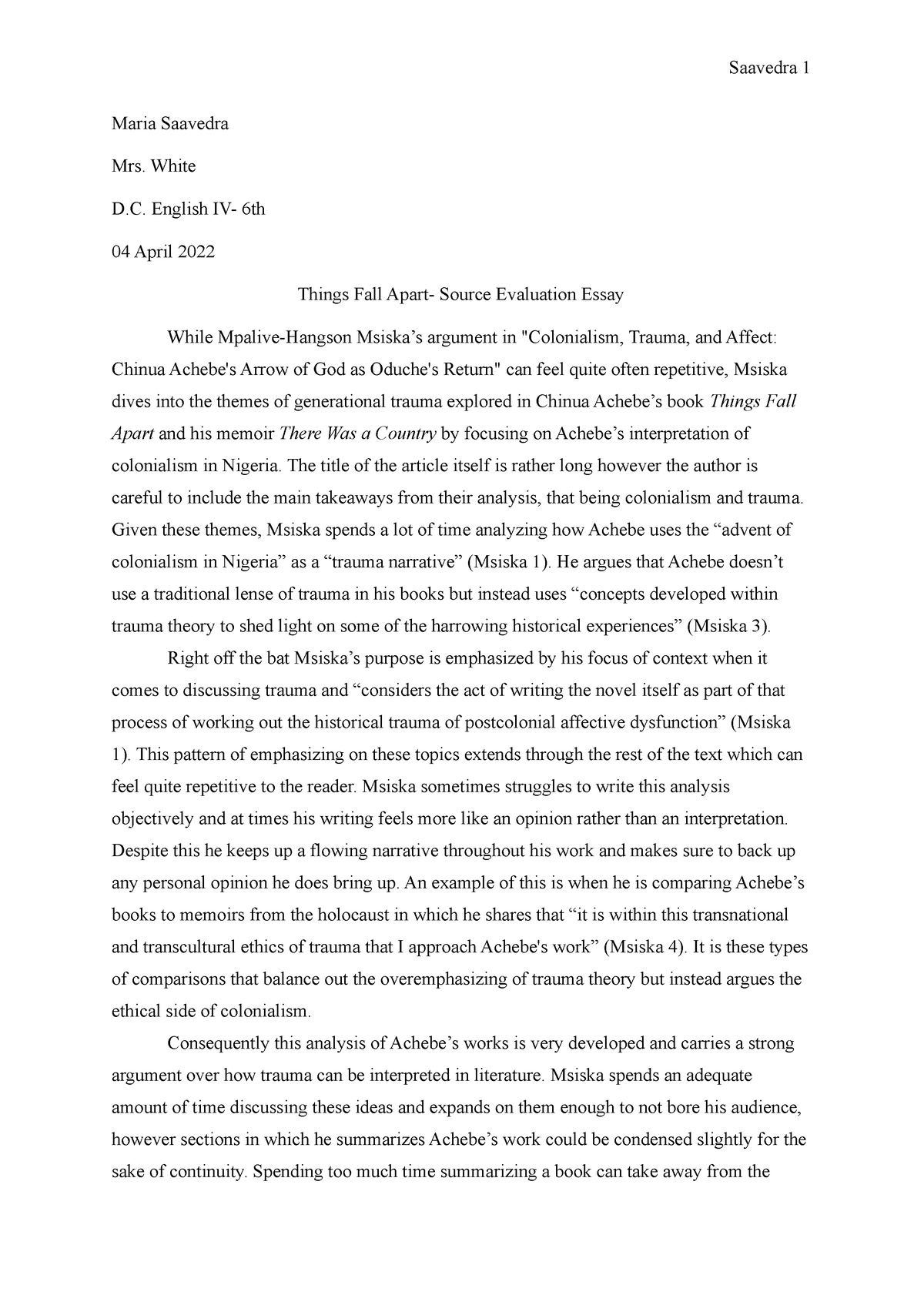 Things Fall Apart- Source Evaluation Essay - Saavedra 1 Maria Saavedra ...