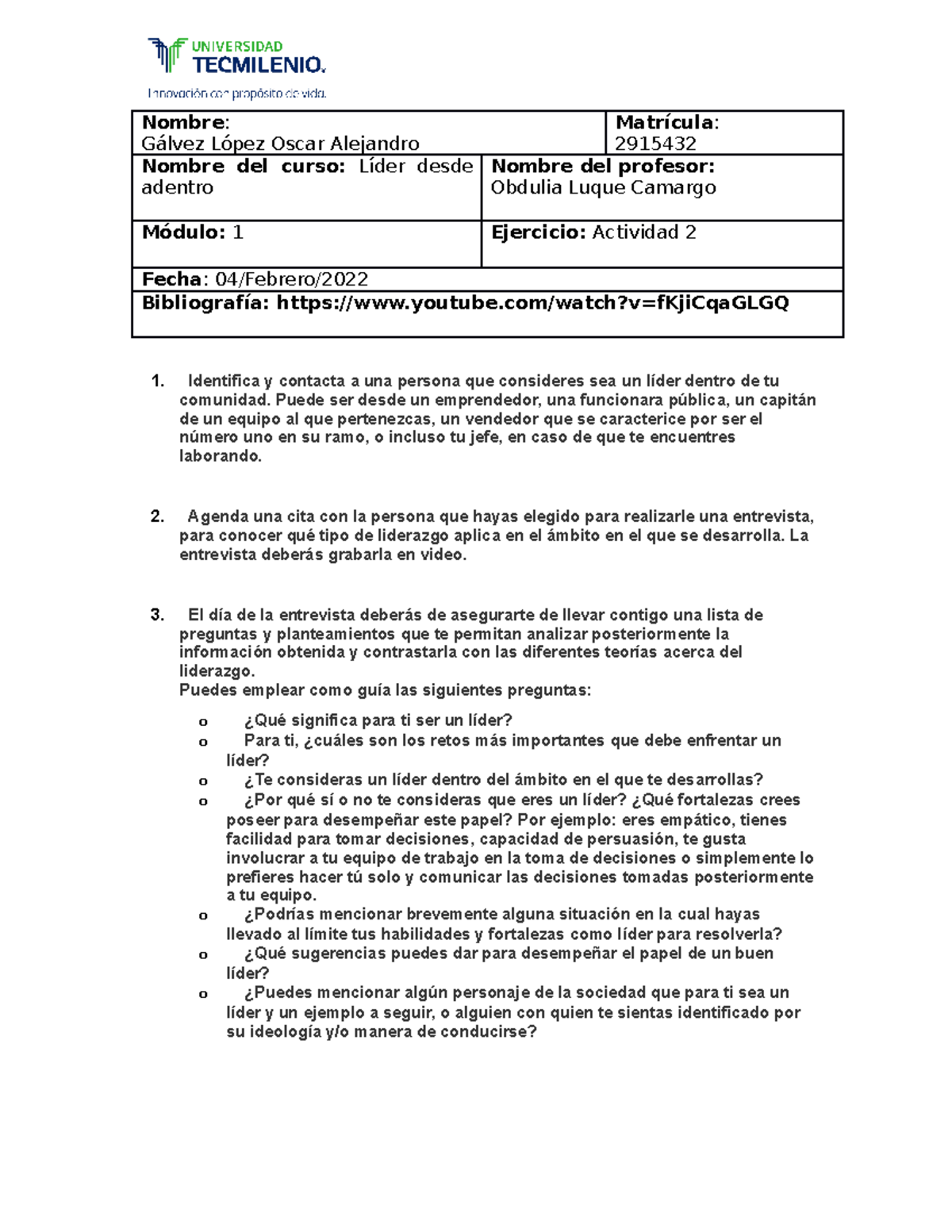Actividad 1 Lider desde adentro - Nombre : Gálvez López Oscar Alejandro ...