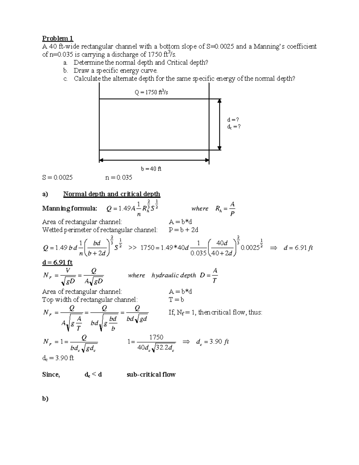 CE365 Hydro, HW 6 Solution - Problem 1 A 40 ft-wide rectangular channel ...