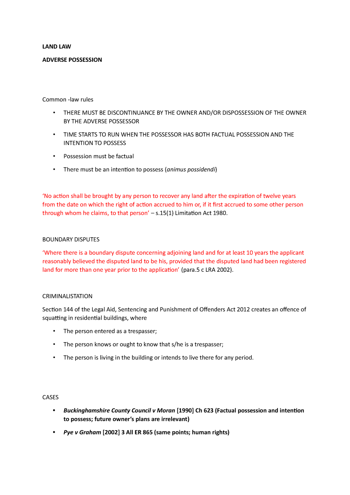 LAND LAW - adverse possession - LAND LAW ADVERSE POSSESSION Common -law ...