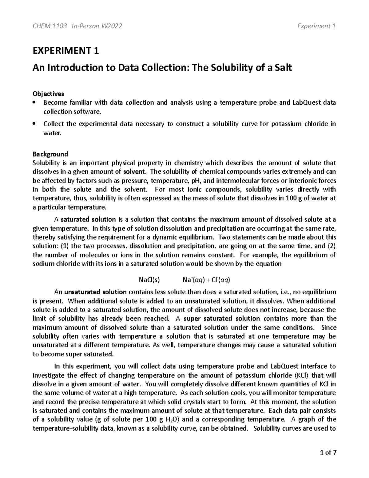 Exp. 1 The Solubility of a Salt EXPERIMENT 1 An Introduction to Data