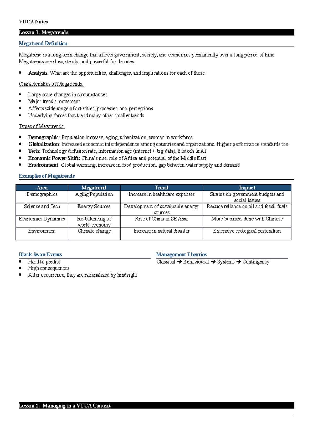 VUCA Notes - Finals - Lesson 1: Megatrends Megatrend Definition ...