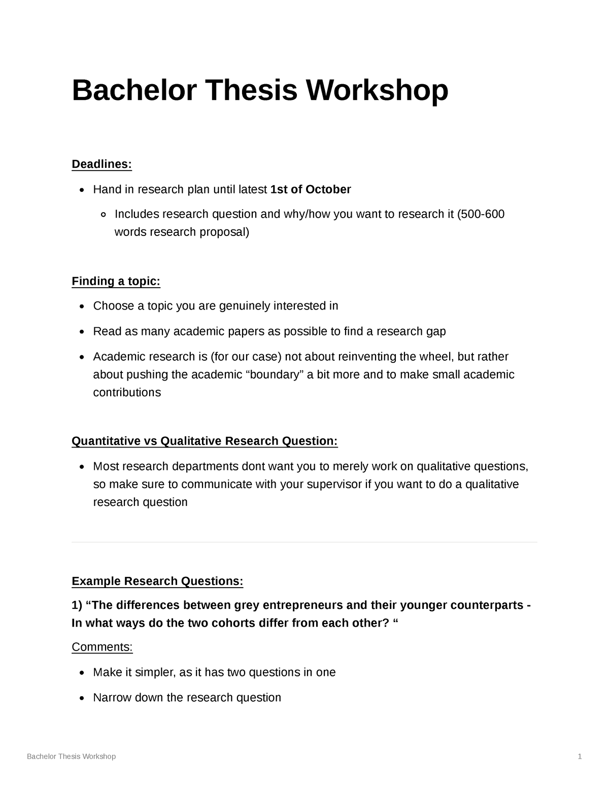 Bachelor Thesis Workshop - Summary - Bachelor Thesis Workshop 1 ...