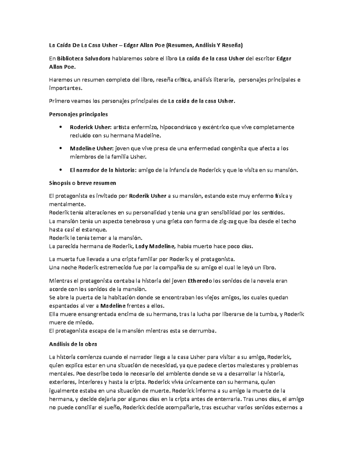 La Caída De La Casa Usher Analisis La Caída De La Casa Usher Edgar Allan Poe (Resumen