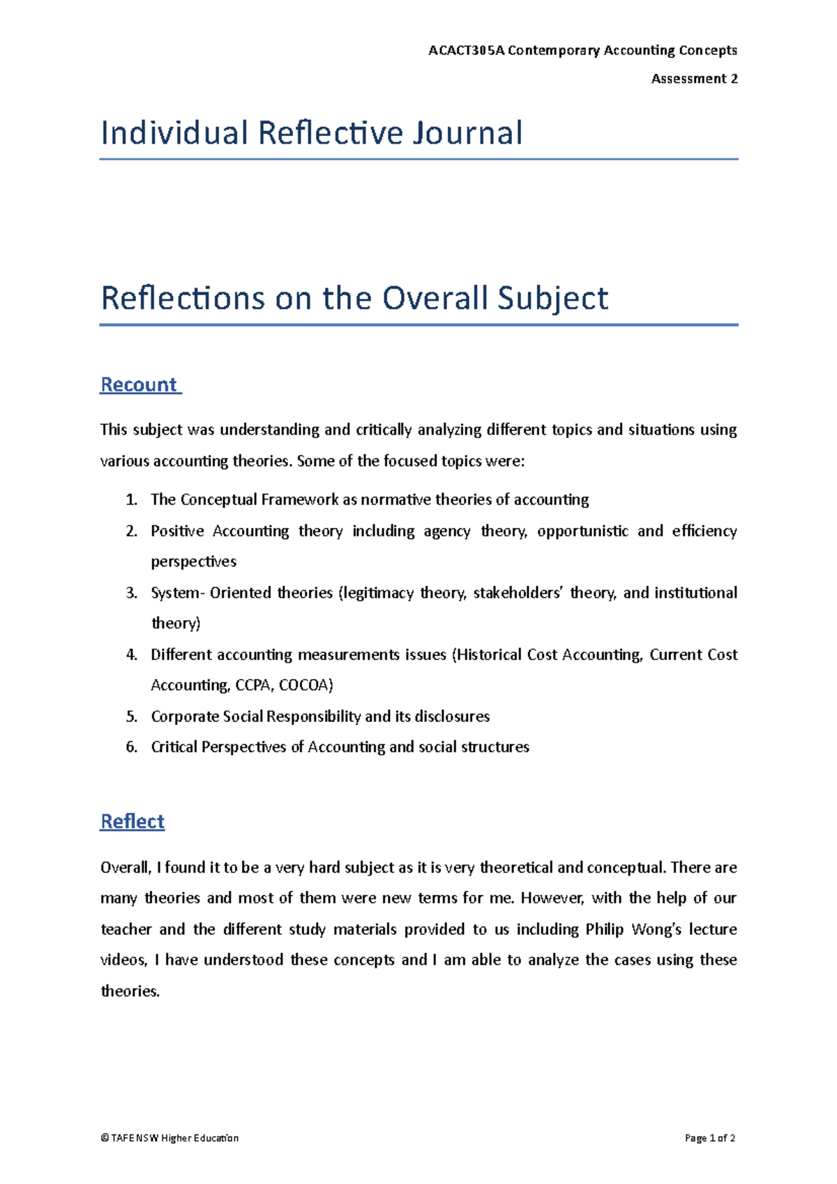 Final reflection - ACACT305A Contemporary Accounting Concepts ...