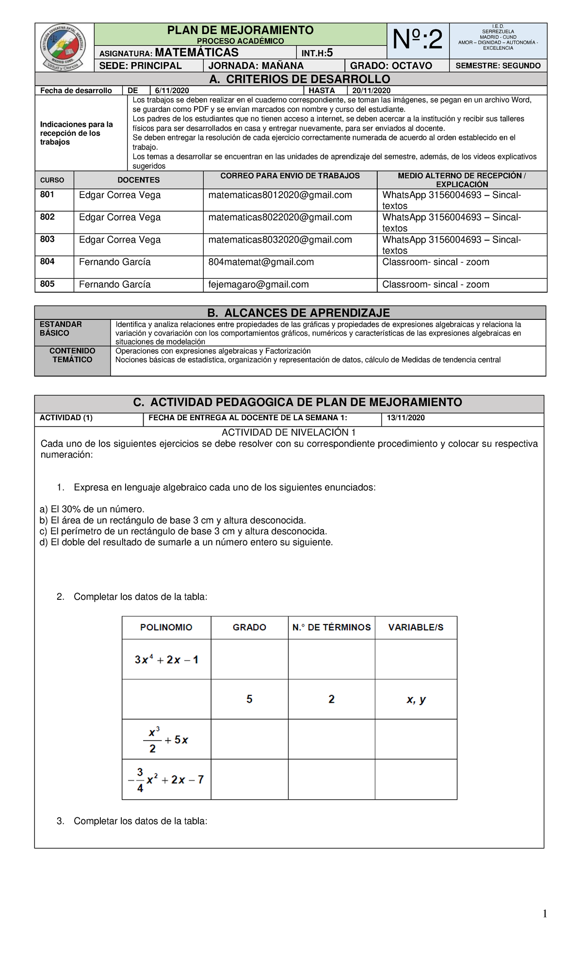 2 PLAN DE Mejoramiento Matematicas Octavo - B. ALCANCES DE APRENDIZAJE ...