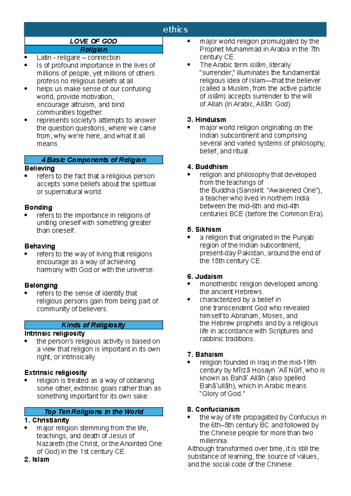 Ethics-lesson-8 - Reviewer - LOVE OF GOD Religion Latin - religare ...