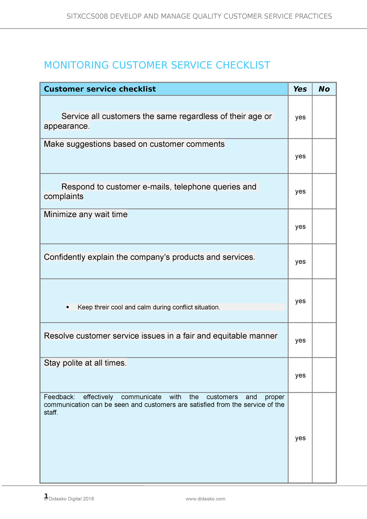 Mm Assessment D Monitoring customer service checklist - SITXCCS008 ...