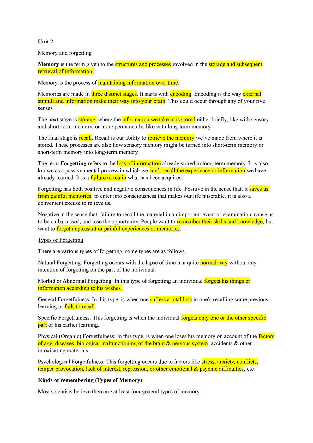 Unit 2 & 3 - Applied Psychology - Unit 2 Memory and forgetting Memory ...