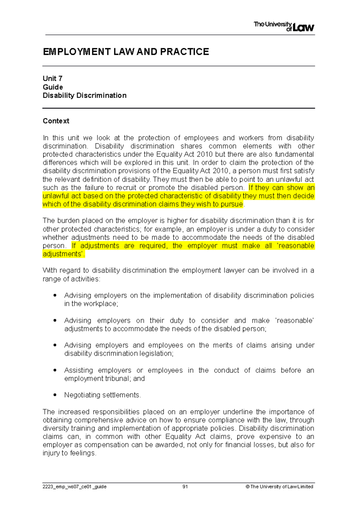 2223 emp ws07 ce01 guide - EMPLOYMENT LAW AND PRACTICE Unit 7 Guide ...