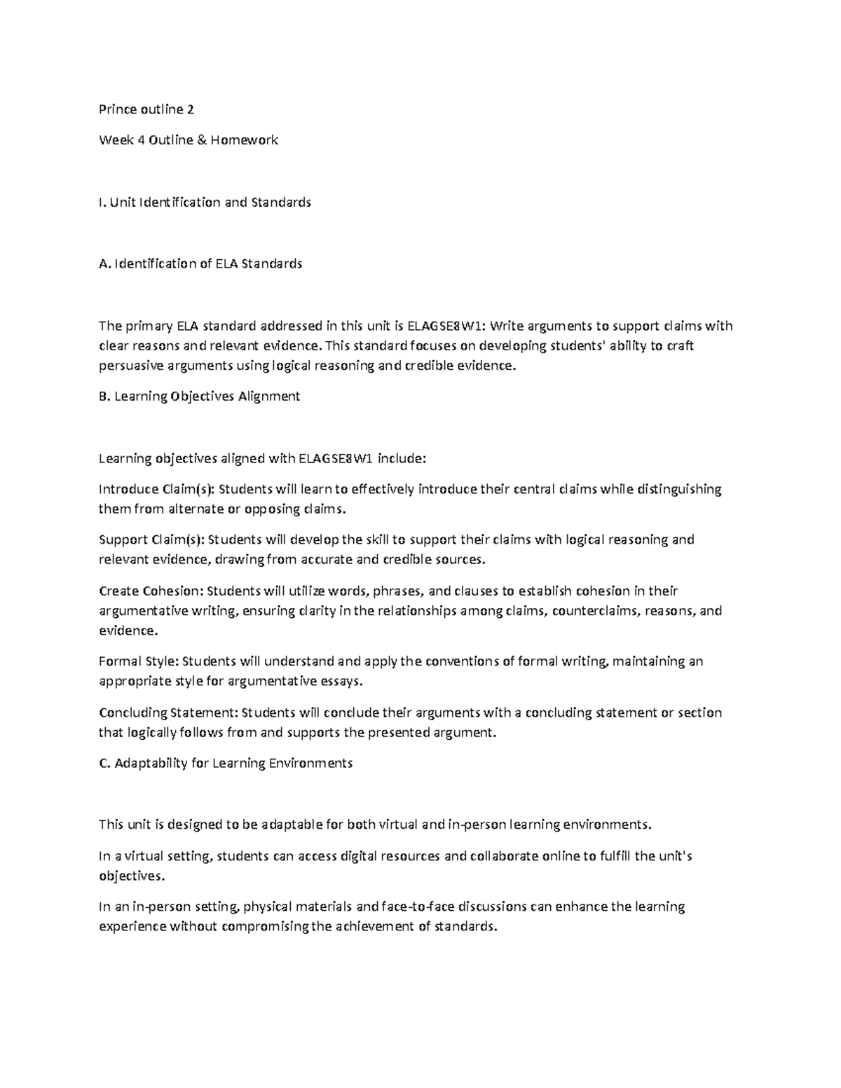 Prince Wk 4 Outline 2 - Course Work - Prince Outline 2 Week 4 Outline 