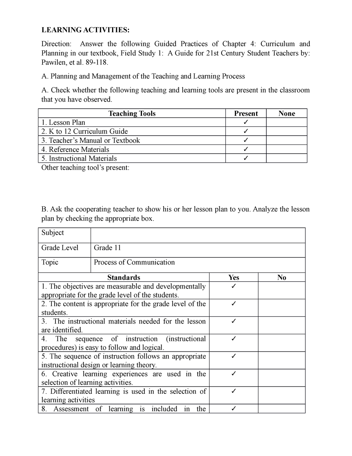 Field Study 1 Activity (11) - LEARNING ACTIVITIES: Direction: Answer ...