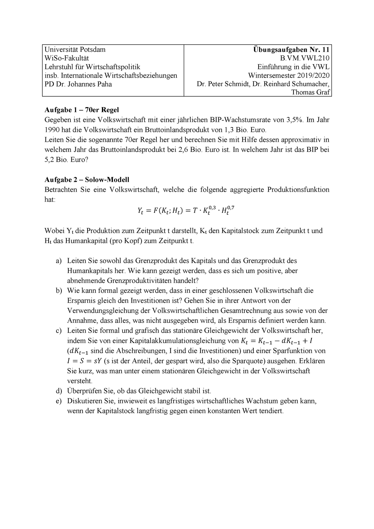 Übungsblatt 11 - EVWL Aufgaben und Lösung Übung 11 - StuDocu