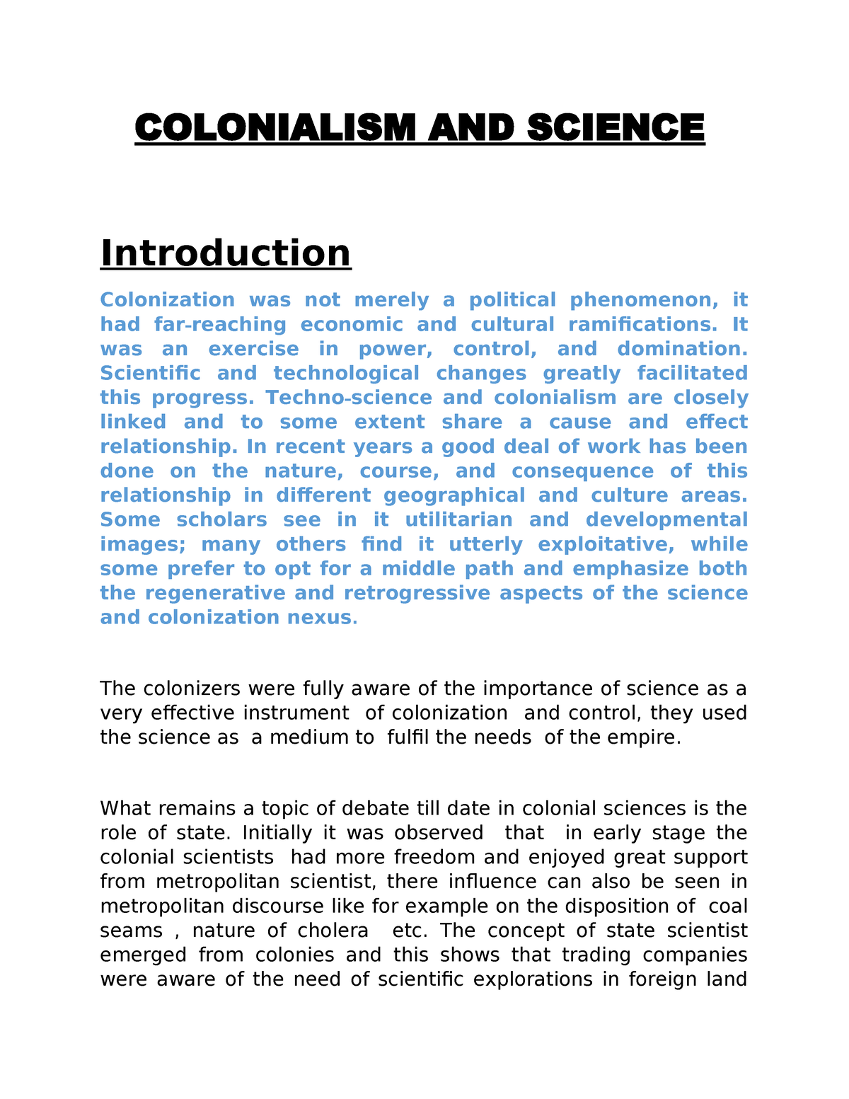 Colonialism AND Science - COLONIALISM AND SCIENCE Introduction ...