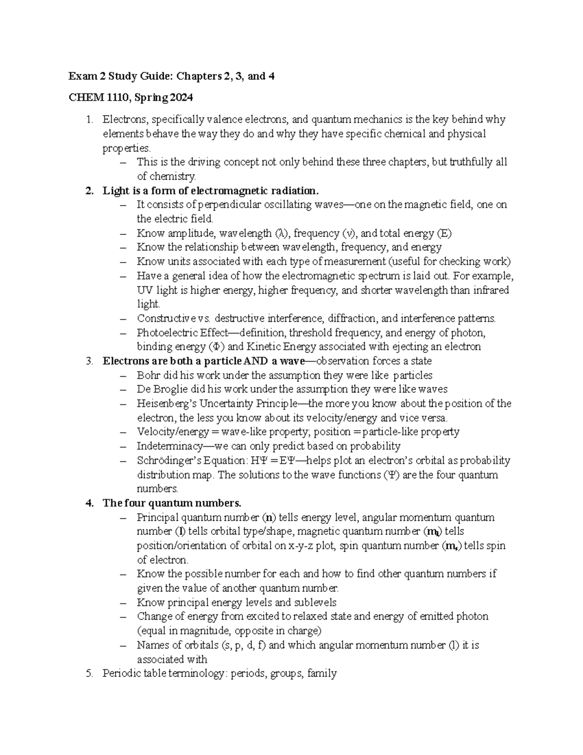 Exam 2 Study Guide - Exam 2 Study Guide: Chapters 2, 3, and 4 CHEM 1110 ...