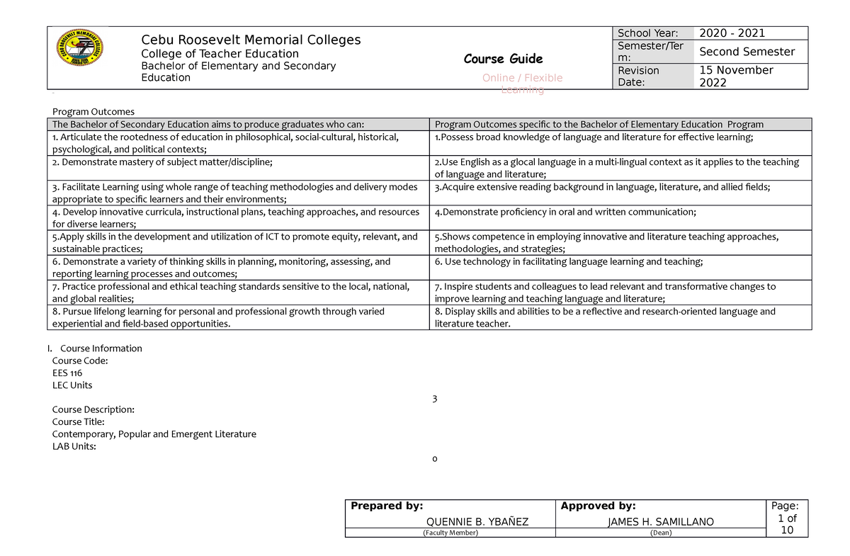 Contemporary, Popular And Emergent Literature Syllabus - Cebu Roosevelt ...