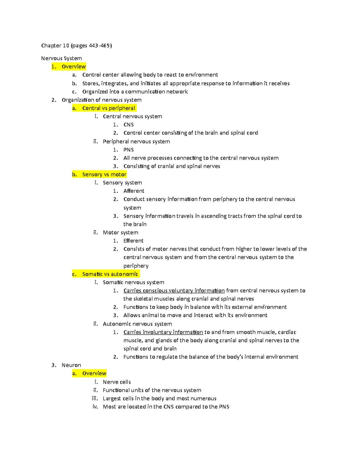 AGR 511 Chapter 10 Handout - Chapter 10 (pages 443-469) Nervous System ...