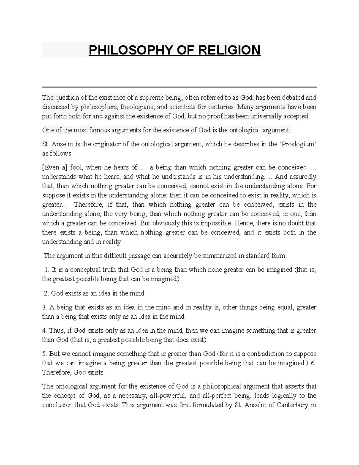 Existence of god - notes - PHILOSOPHY OF RELIGION The question of the ...