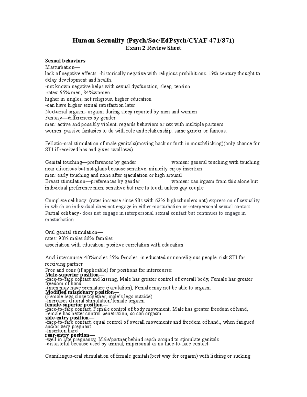Exam+2+review+sheet - Exam two review sheet - Human Sexuality (Psych ...