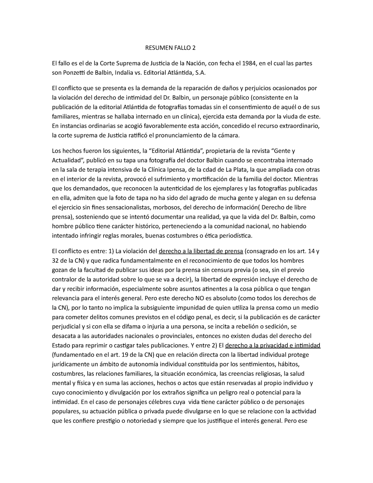 Resumen Lectura 2 - RESUMEN FALLO 2 El Fallo Es El De La Corte Suprema ...