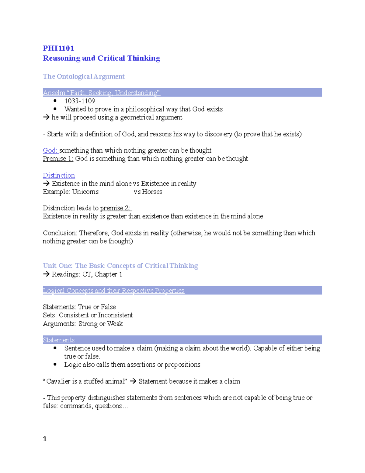 Philosophy Notes - PHI Reasoning and Critical Thinking The Ontological ...