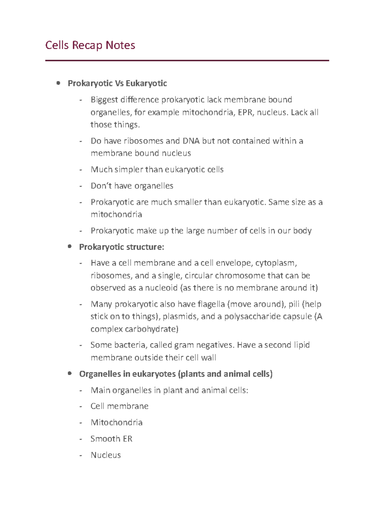Cells Recap Notes - Cells Recap Notes Prokaryotic Vs Eukaryotic ...