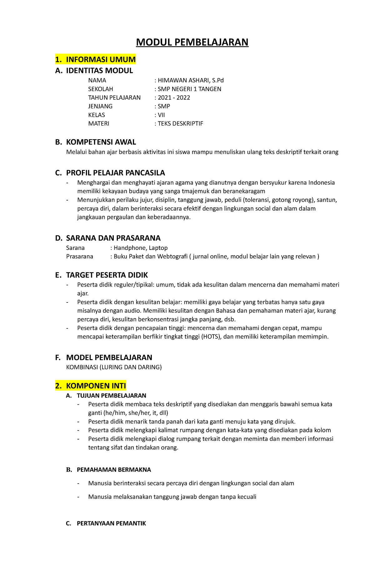 Modul AJAR 2 - MODUL PEMBELAJARAN 1. INFORMASI UMUM A. IDENTITAS MODUL ...