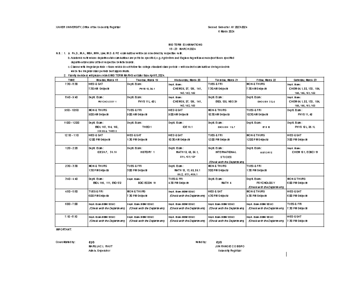 MID TERM Exam Schedules 2nd sem 2023 24 compilation 1.20 - XAVIER ...