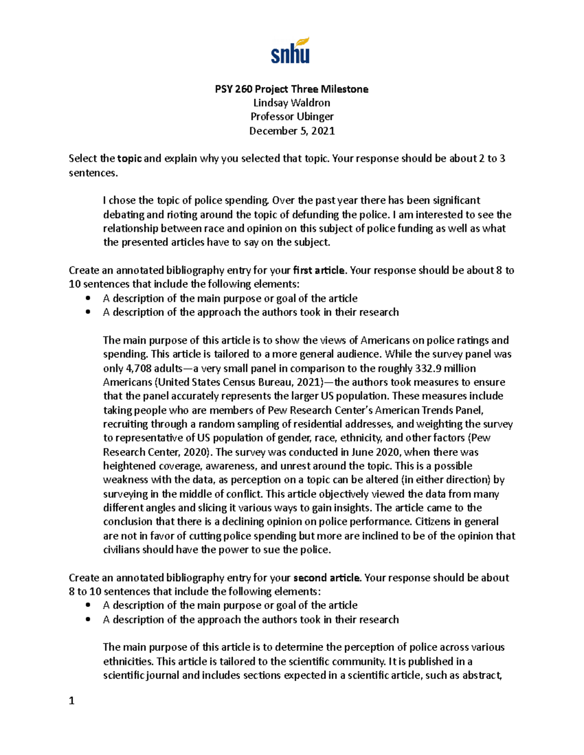 PSY-260 6-3 Project Three Milestone - PSY 260 Project Three Milestone ...