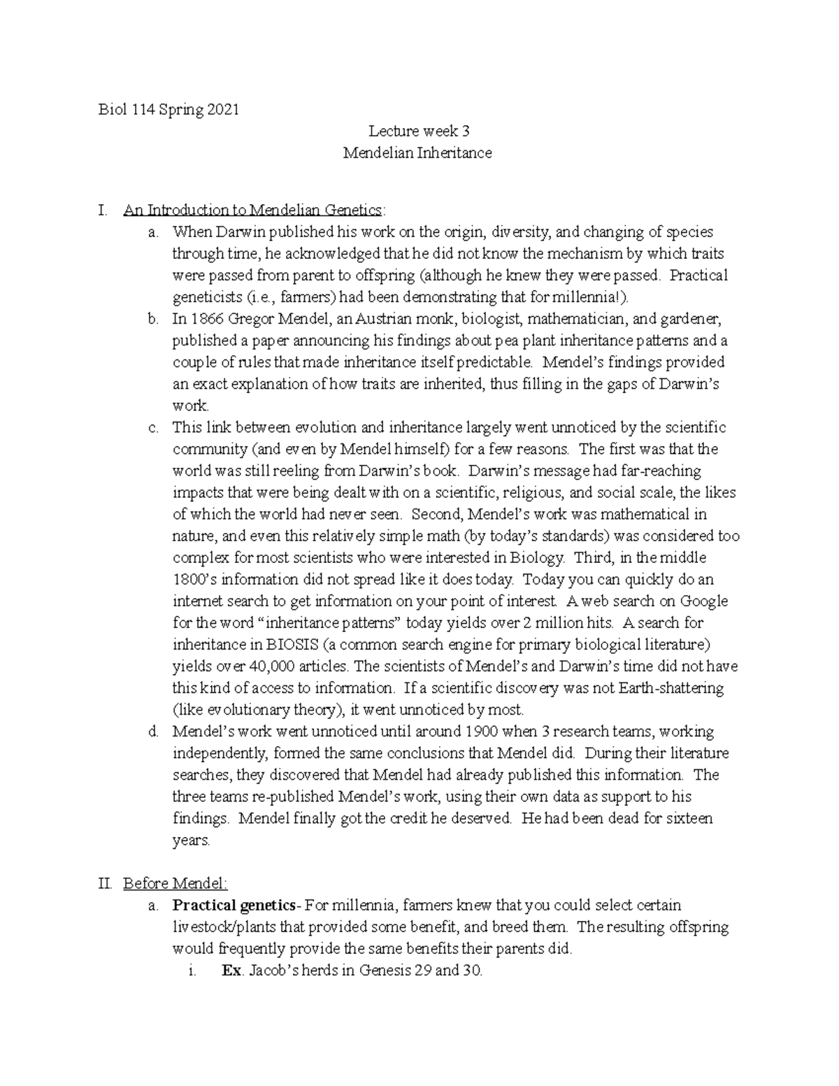 Lecture Week 3 (2-22) - Notes Mendelian Inheritance - Biol 114 Spring ...