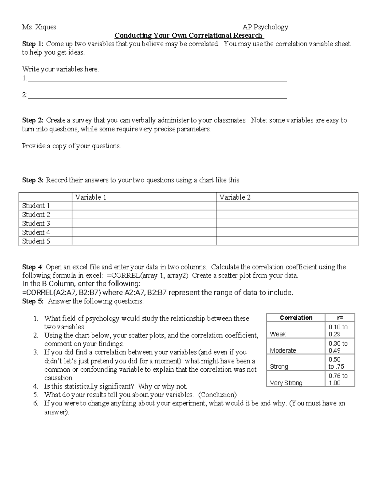 Correlation application Ms. Xiques AP Psychology Conducting Your Own
