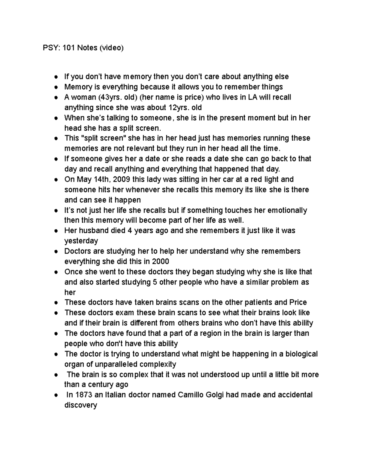 PSY 101 Notes (video) - PSY: 101 Notes (video) If you don’t have memory ...