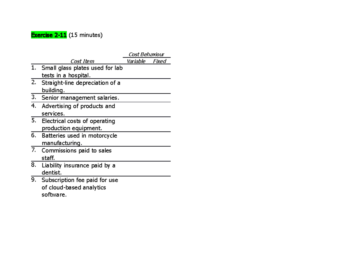 MA2+3 (ch2+3) Cost terms - exercises (Q) - Exercise 2 - 1 1 (15 minutes ...