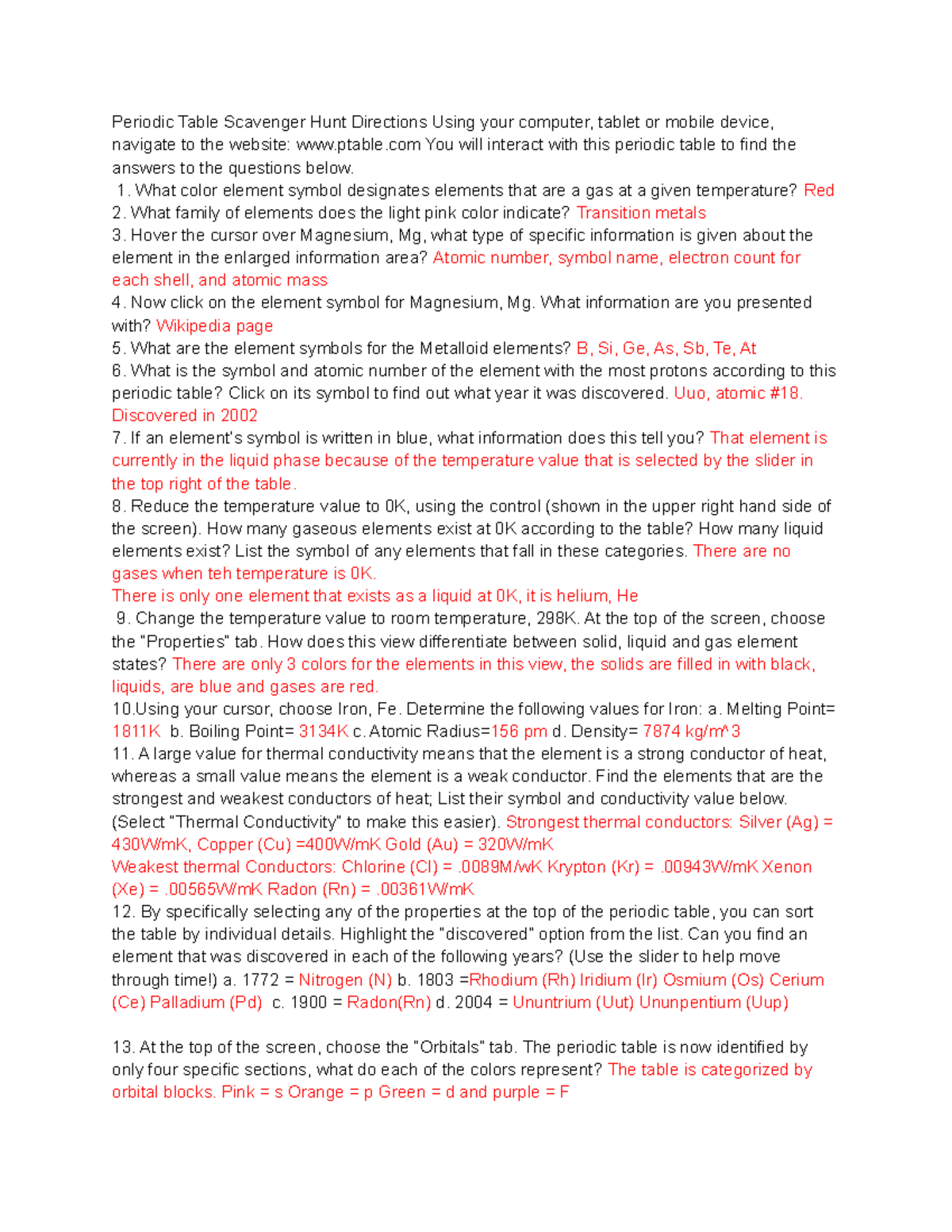 Chemistry Scavenger Hunt Periodic Table Scavenger Hunt Directions